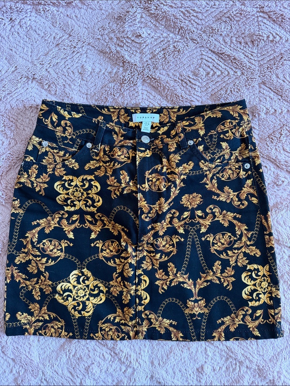 Topshop Black Mini Skirt with Gold Baroque Motif